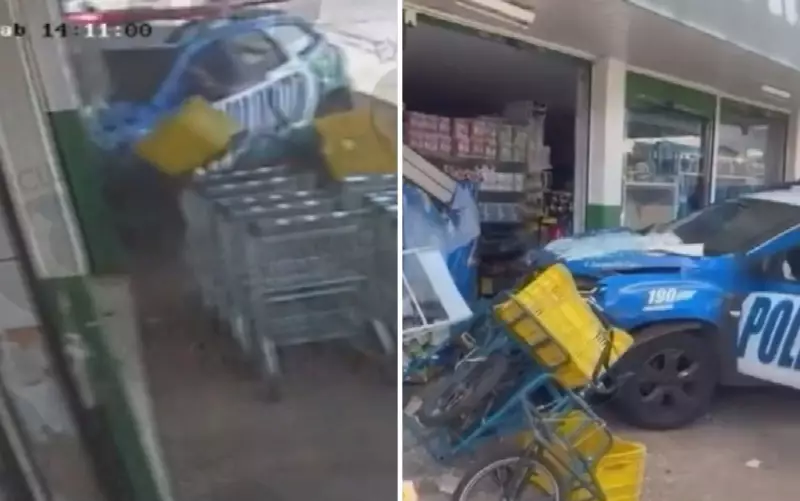 Viatura da PM invade supermercado em Goiânia após acidente durante perseguição