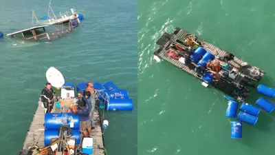 Homens tentam resgatar catamarã que afundou no mar de Fortaleza; vídeo mostra operação