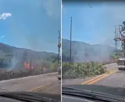 Incêndio em bambuzal interdita RJ-106 em Saquarema nesta quinta-feira
