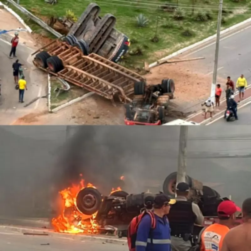 Caminhão capota e incendeia na Rota do Mar, em Maceió, deixando duas vítimas fatais