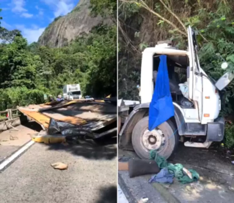 Caminhão perde freios e colide com paredão na BR-116, interditando via em Teresópolis