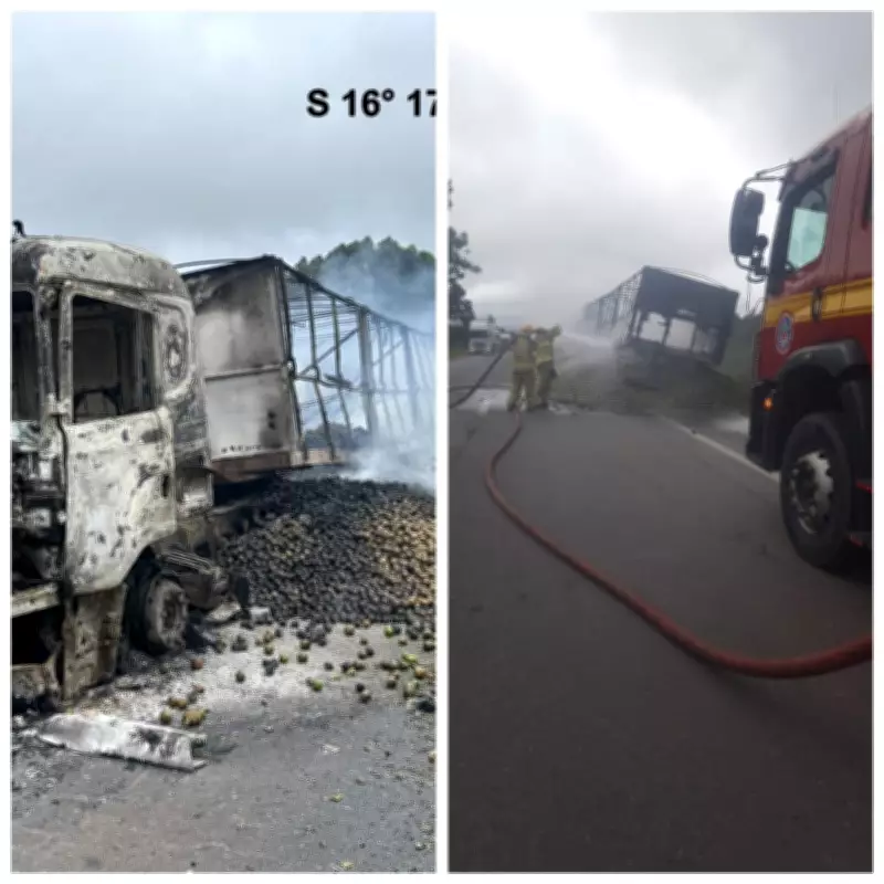 Carreta com carga de laranjas é consumida por incêndio na BR-251 em Minas Gerais