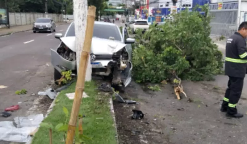 Carro colide com poste e derruba árvore em Manaus; via fica parcialmente interditada