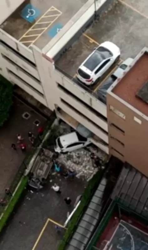 Carro despenca do primeiro andar de estacionamento após colisão em São Bernardo do Campo