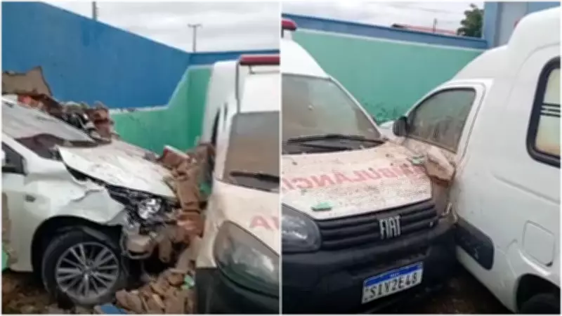 Carro invade hospital em Independência, derruba muro e atinge ambulâncias