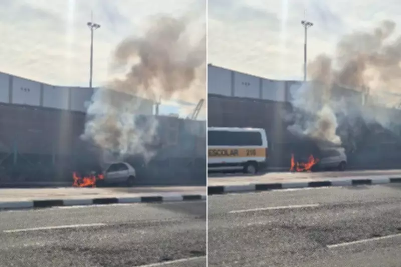 Carro pega fogo na Avenida Mário Covas em Santos e causa transtornos no trânsito