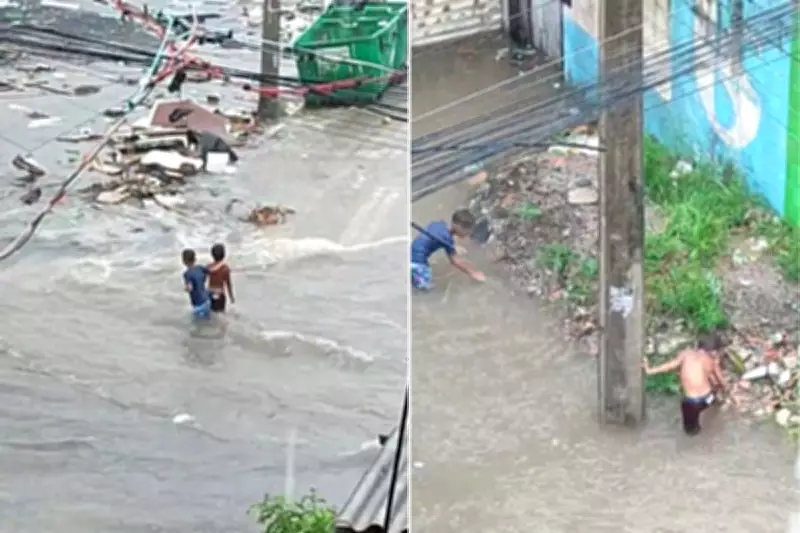 Crianças escapam de atropelamento durante enchente em Guarujá; veja o vídeo