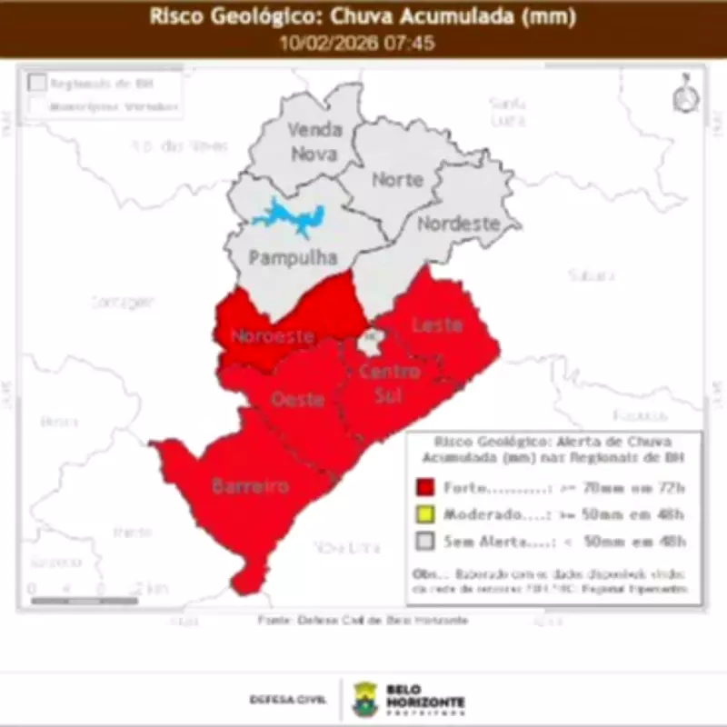 Defesa Civil de BH emite alerta de risco geológico forte para cinco regiões da cidade