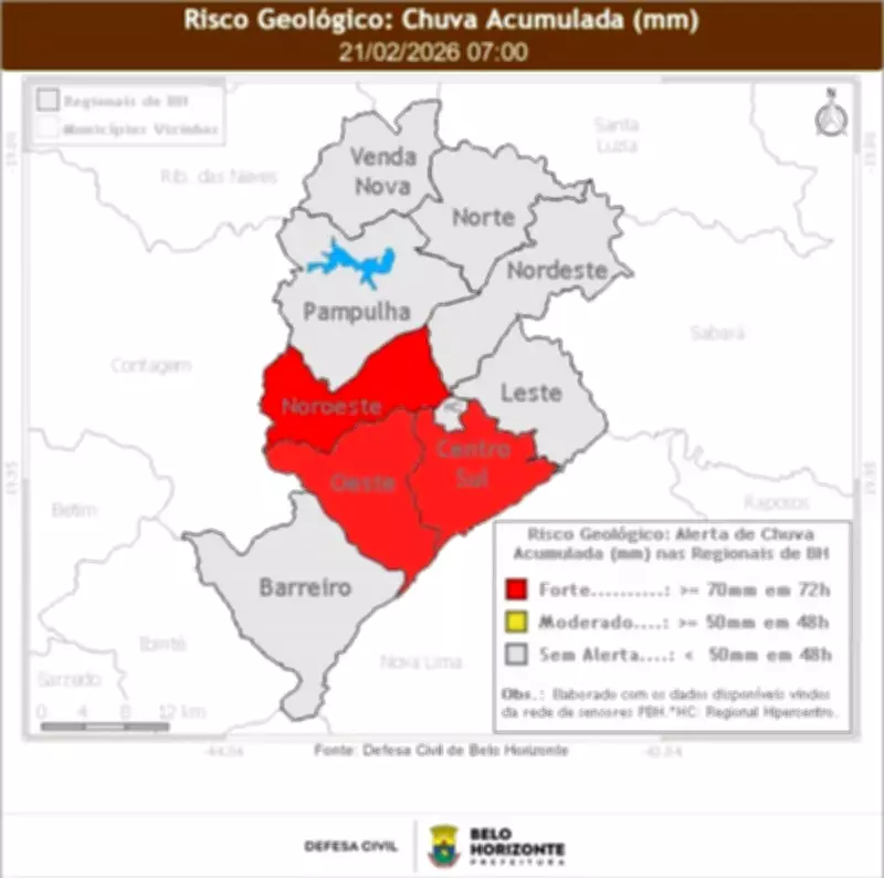 Defesa Civil de BH emite alerta de risco geológico forte para três regionais