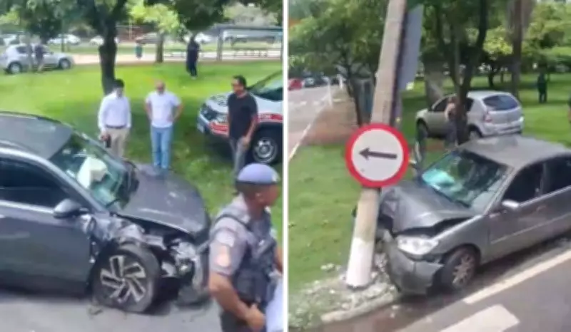 Dois carros colidem em postes em sequência na Avenida Luiz Smânio, em Campinas