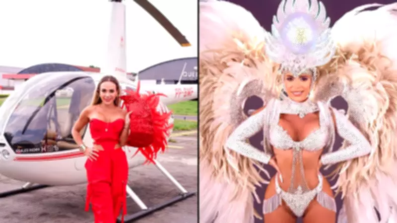 Francine Carvalho usa helicóptero para conciliar agenda de rainha de bateria em Santos e musa em SP