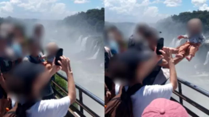 Homem ergue bebê sobre grades de mirante em Cataratas do Iguaçu; ação viraliza