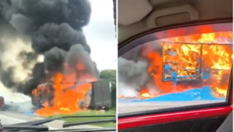 Incêndio em caminhão destrói carga de garrafas PET na Dutra, em Cachoeira Paulista