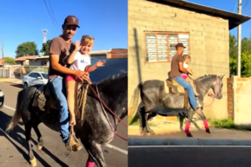 Menina se emociona ao ser buscada de égua pelo padrasto na saída da escola em Ponta Grossa