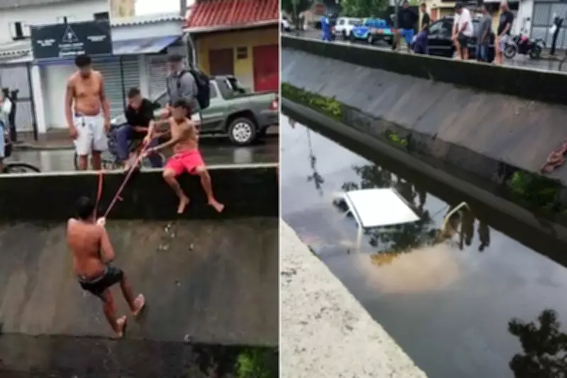 Motorista capota carro em canal de Praia Grande após curva em alta velocidade