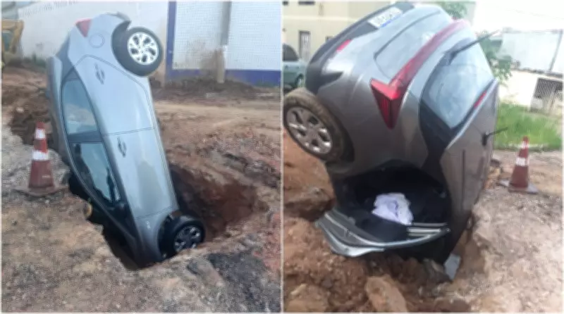 Motorista embriagado abandona carro dentro de buraco de obra em Diadema, SP
