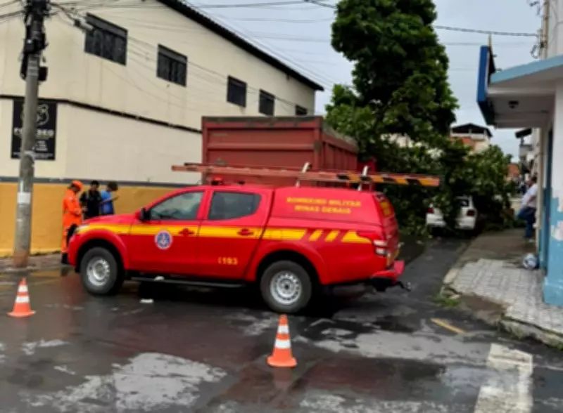 Árvore de grande porte cai sobre caminhão e carro no Centro de Montes Claros