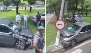 Dois carros colidem em postes em sequência na Avenida Luiz Smânio, em Campinas
