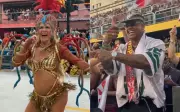 Léo Santana vibra na arquibancada por Lore Improta no Desfile das Campeãs do Carnaval