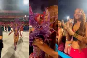 Ludmilla beija esposa Brunna na Sapucaí durante desfile da Grande Rio