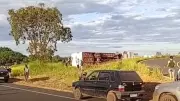 Ônibus com trabalhadores de granja tomba na MGC-455 em Uberlândia; três feridos