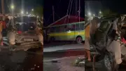 Ônibus desgovernado colide com três carros, derruba poste e causa apagão em bairro de Teresina