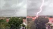 Vídeo impressionante capta raio atingindo terreno baldio durante forte chuva em Fortaleza