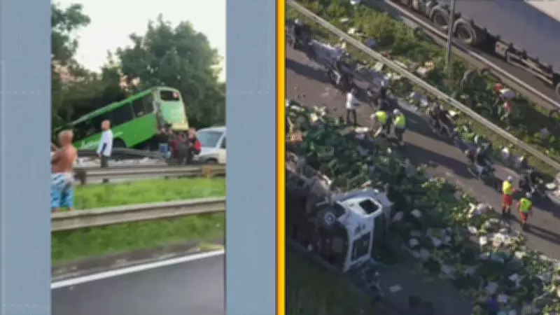 Acidente entre ônibus e carreta de bananas interdita a BR-116 em Magé