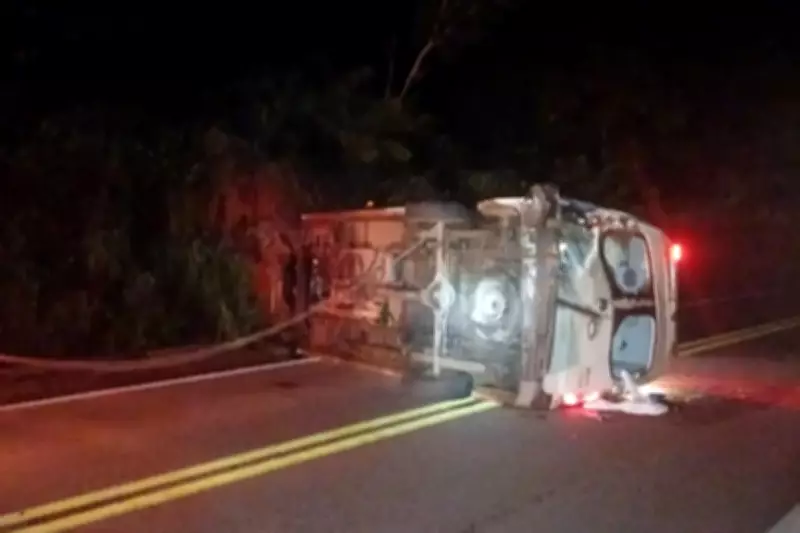 Ambulância tomba na BR-174 durante temporal e deixa cinco feridos em Figueirópolis d'Oeste