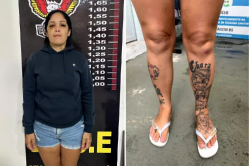 Ariane de Pontes Rolim, chefe do PCC presa em Itanhaém, exibe tatuagens da facção