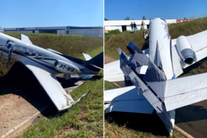 Avião a jato sai da pista e colide com barranco em aeroporto de Jundiaí