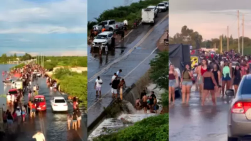 Barragem transborda no Piauí, alaga rodovia e vira palco de festa com carro de som