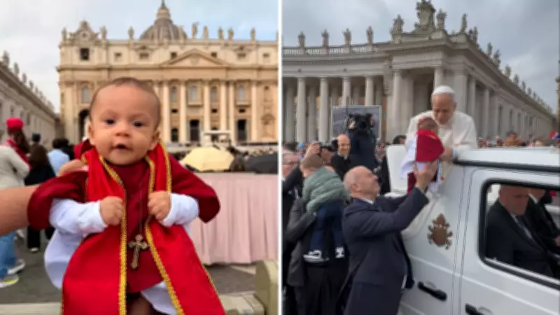 Bebê brasileiro vestido de papa recebe bênção de Leão XIV em momento emocionante no Vaticano