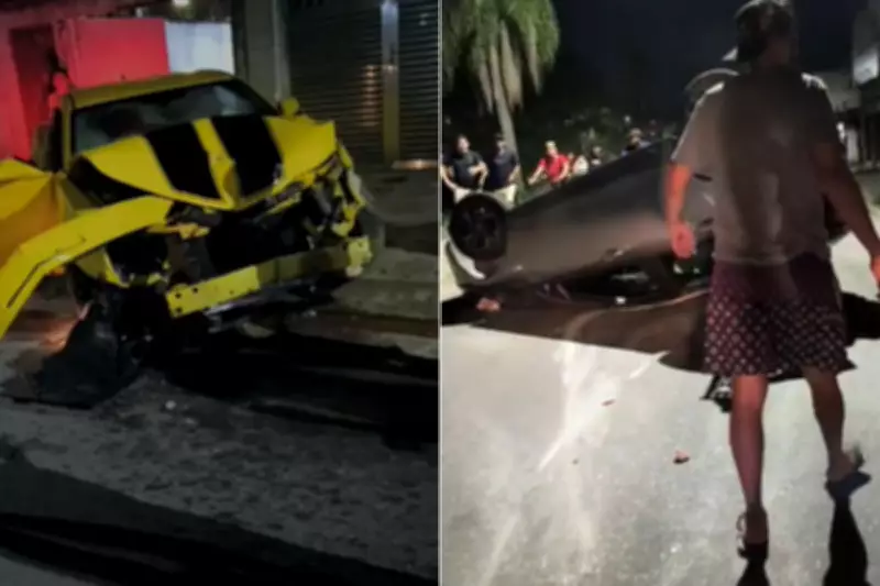 Camaro amarelo envolve-se em colisão que termina com carro capotado e tumulto em São Vicente