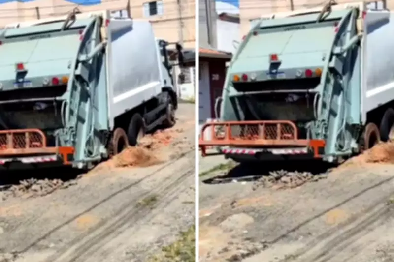 Caminhão afunda em rua do Jardim Panorama, em Caçapava, após problemas estruturais