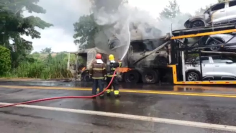 Caminhão-cegonha com carros elétricos pega fogo e interdita BR-101 no Espírito Santo