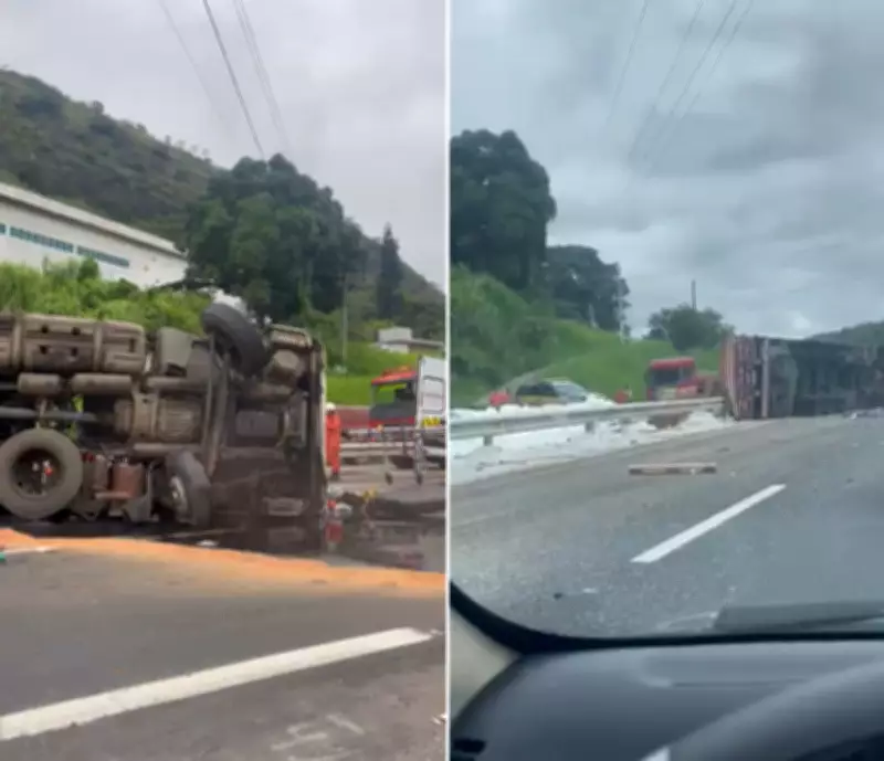 Carreta tomba na BR-040 em Areal, mata motorista e interdita pista na Serra de Petrópolis