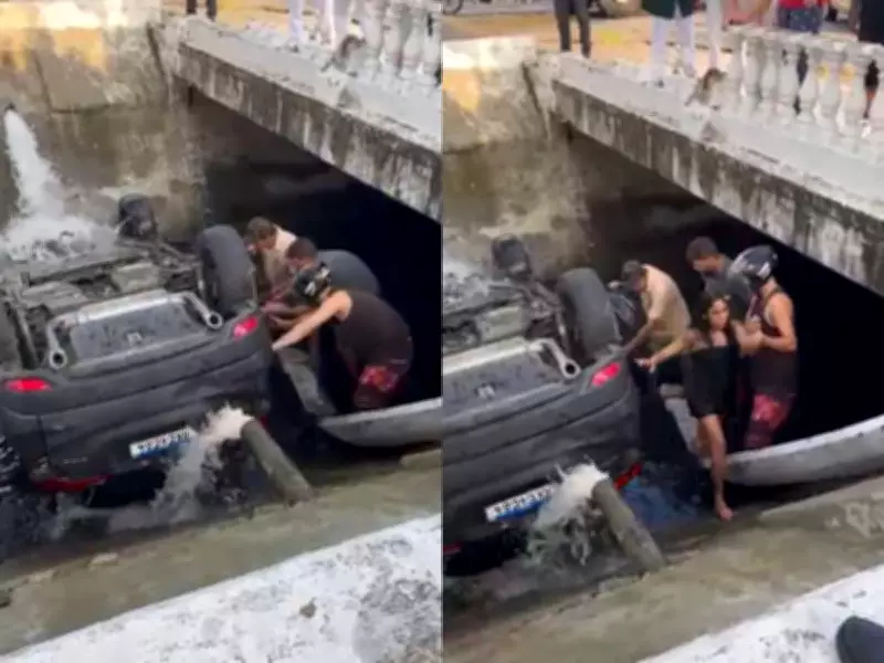 Carro capota e cai em canal de Santos; casal é resgatado por moradores