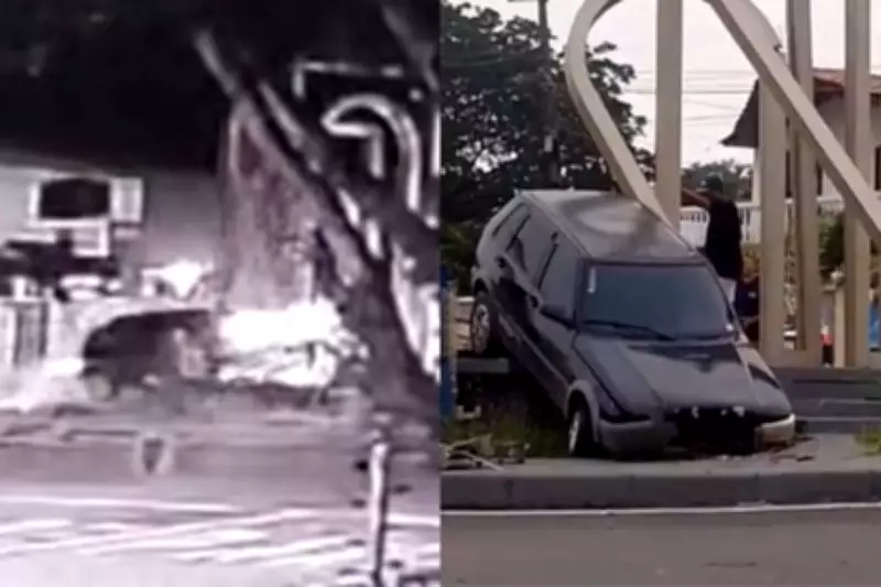 Carro em alta velocidade invade rotatória e derruba monumento histórico em Floriano