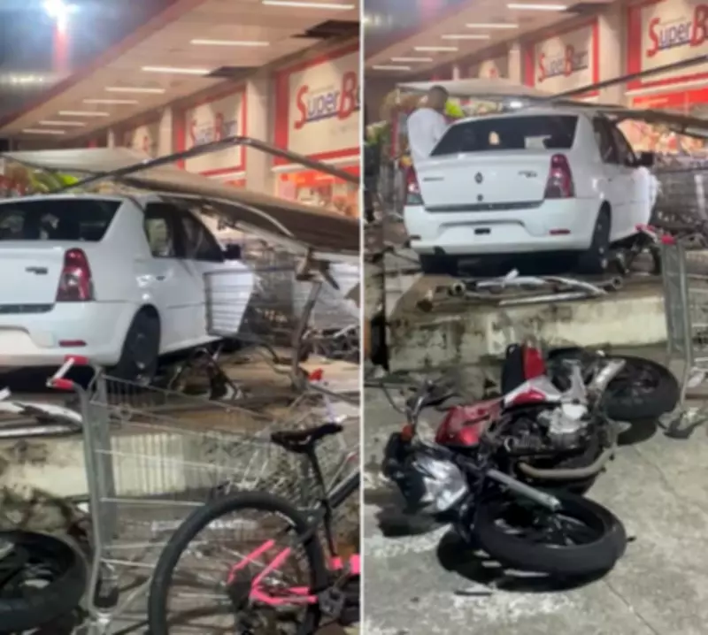 Carro invade supermercado no RJ, quebra grade e quase atravessa muro em acidente