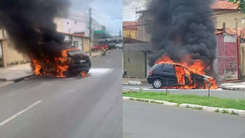 Carro pega fogo após motorista dar partida em Teresina; veículo foi consumido pelas chamas