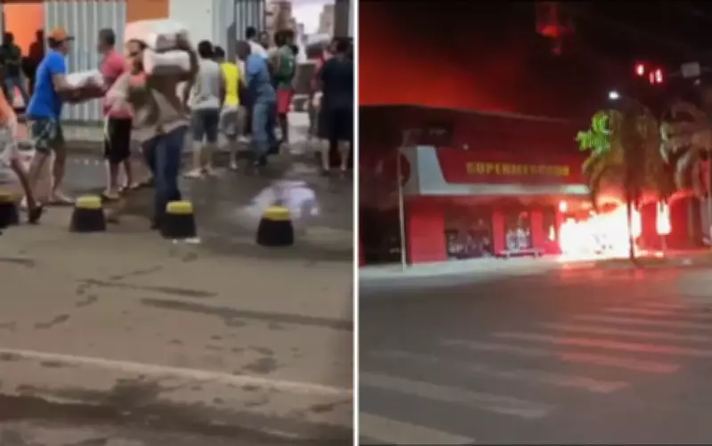 Corrente humana salva mercadorias de supermercado destruído por incêndio em Barro Alto