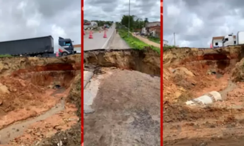 Cratera se abre na BR-116 após chuvas fortes na Bahia e causa interdição parcial