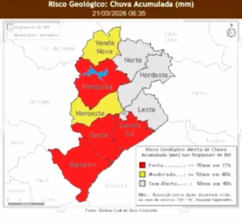 Defesa Civil emite alerta de risco geológico para seis regiões de Belo Horizonte