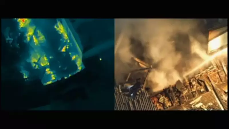 Drone térmico revela combate intenso a incêndio em galpão de motopeças no Rio