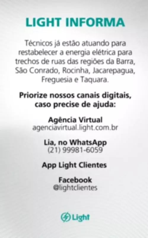 Falta de luz atinge bairros nobres do Rio de Janeiro no domingo à noite