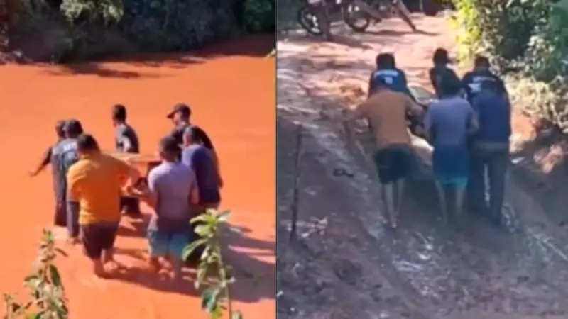 Familiares carregam caixão a pé por riacho em cortejo fúnebre no Piauí após chuvas