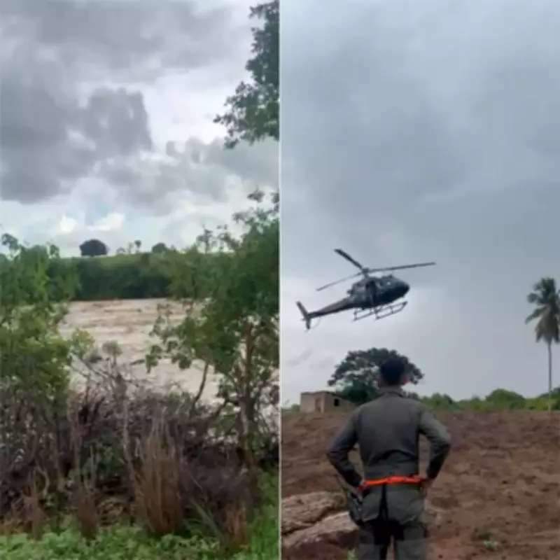Família é resgatada de helicóptero após cheia do rio Jacu no Rio Grande do Norte
