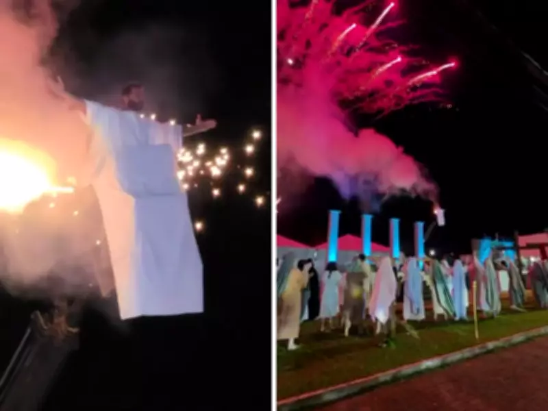 Figurino de Henri Castelli pega fogo durante encenação de 'A Paixão de Cristo' em Lindóia