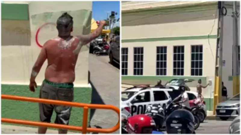 Homem é preso por pichar prédios com símbolos de facção e repinta muro diante da polícia